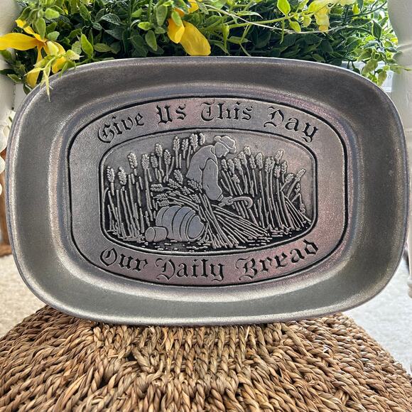 Vintage Pewter Tray with Give Us this Day Phrase and Farmer Working in Field - Picture 1 of 10